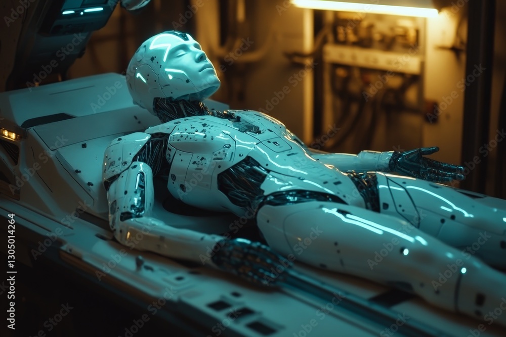 Poster futuristic robot resting in a high-tech laboratory setting with glowing features and intricate desig