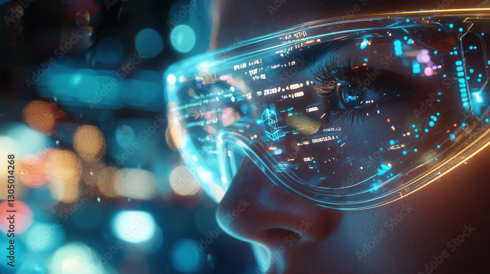 Poster close up of futuristic eyewear displaying digital data and technology, showcasing innovation and adv