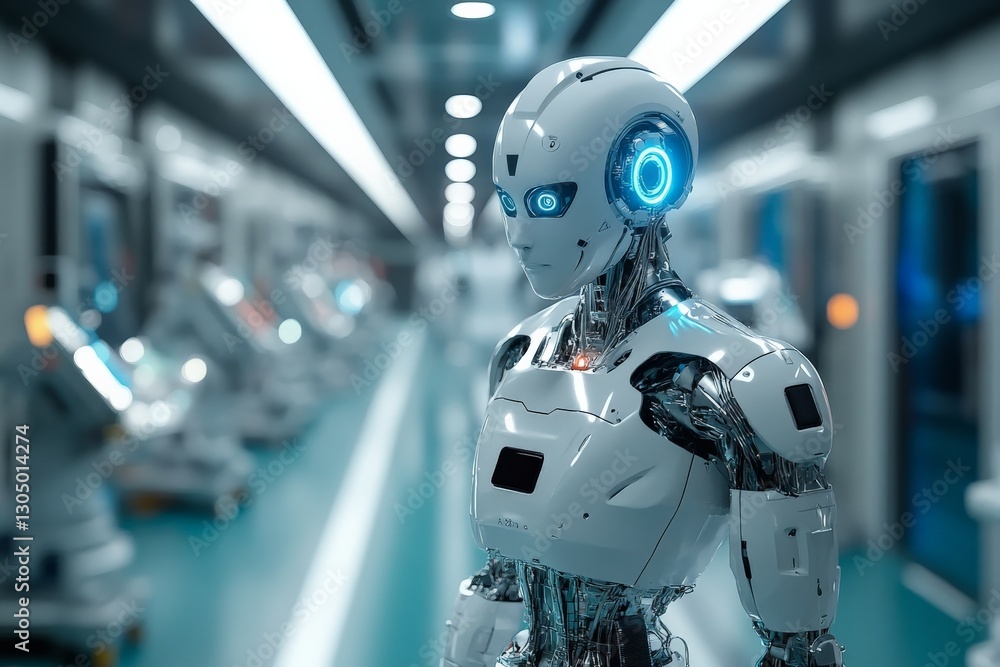 Aufkleber futuristic humanoid robot standing in a high-tech laboratory during a tech exhibition
