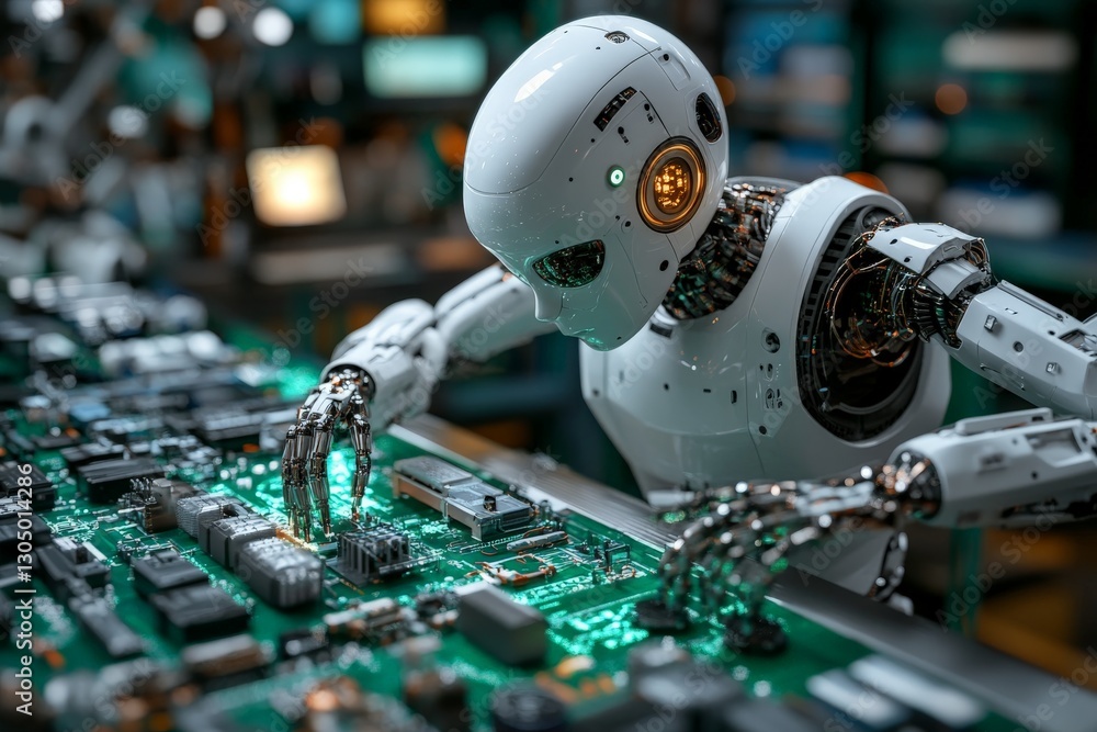 Aufkleber Robot assembling circuit board in a futuristic technology lab during daylight hours