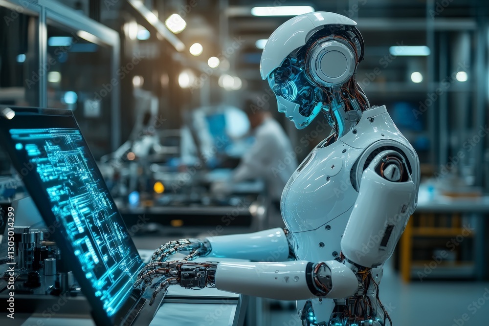 Poster Advanced robotic assistant working on a computer in a high-tech lab environment during a busy research session