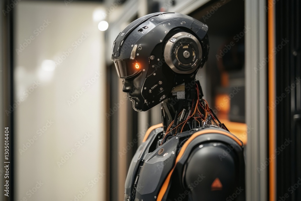 Poster innovative humanoid robot in a modern tech environment with intricate design and wiring details