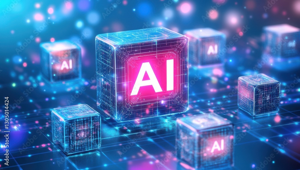 Poster futuristic representation of ai technology with glowing blocks and digital particles in a vibrant, a