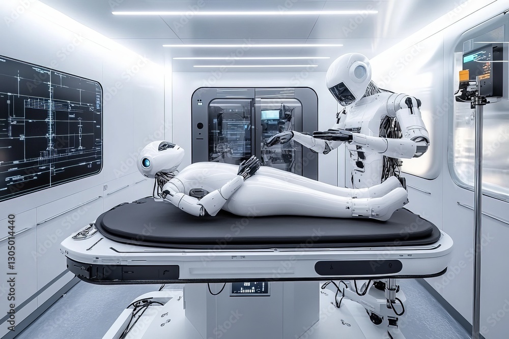 Poster healthcare robots assist in advanced medical procedures within a futuristic operating room setting