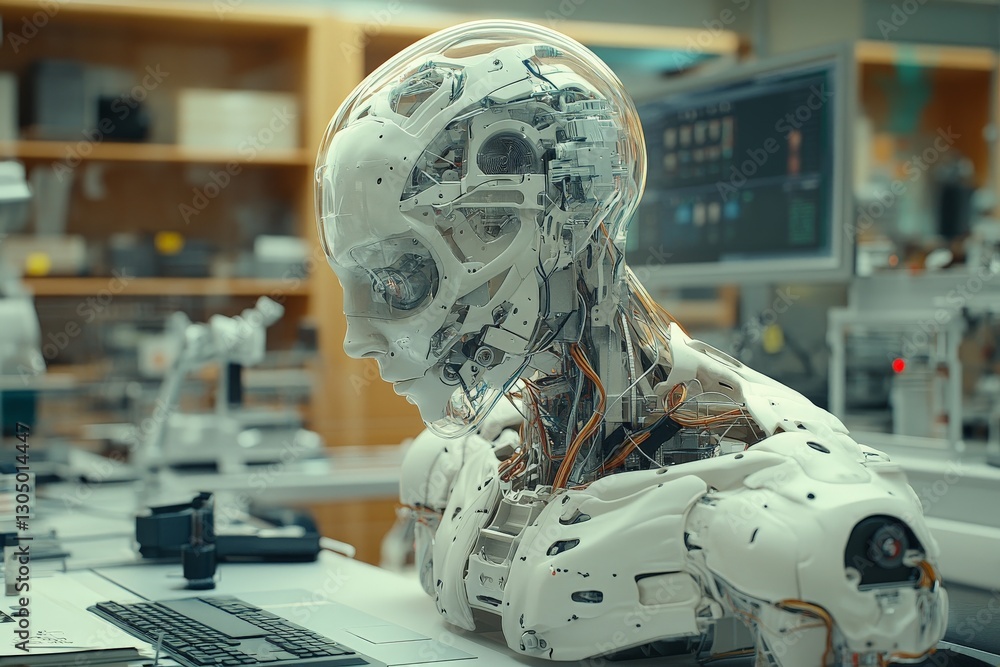 Aufkleber Advanced humanoid robot working in a laboratory on artificial intelligence research