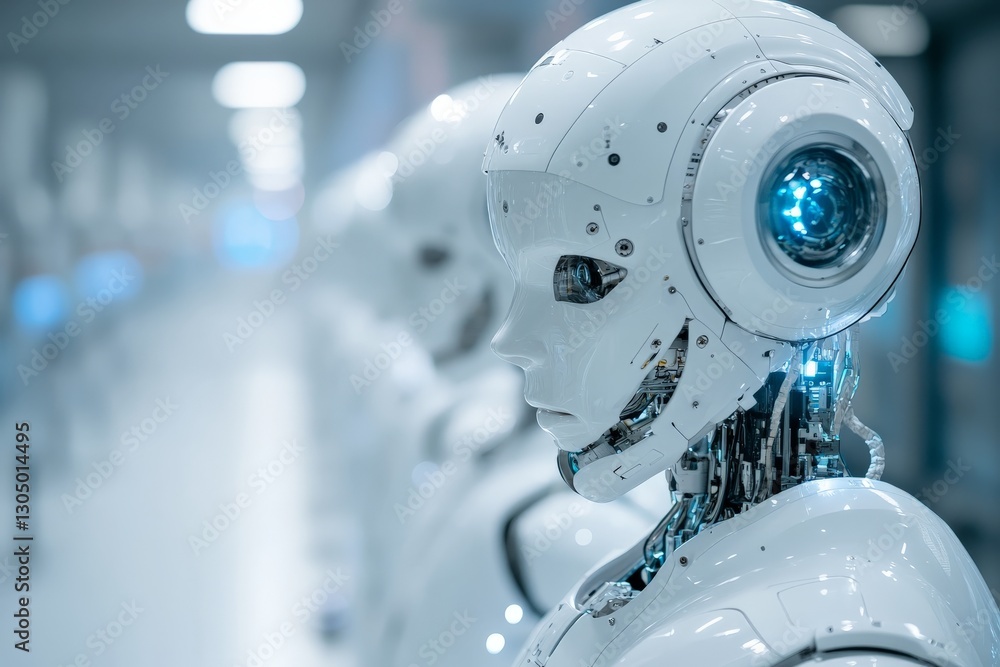 Poster Advanced humanoid robots lined up in a modern technological facility showcasing future innovations