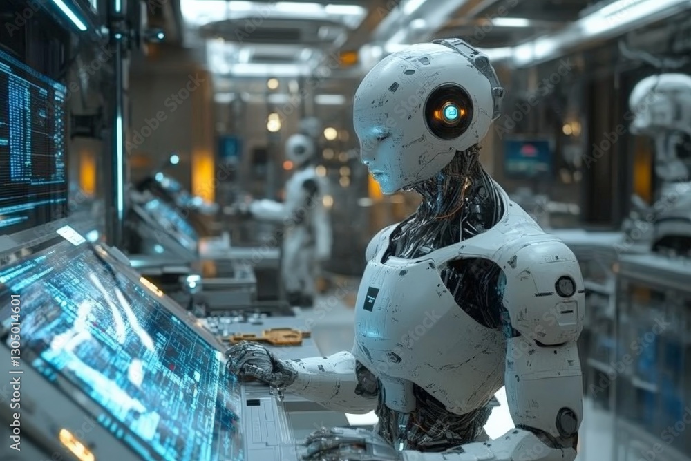 Aufkleber Advanced humanoid robot interacting with high-tech computer systems in a futuristic laboratory setting