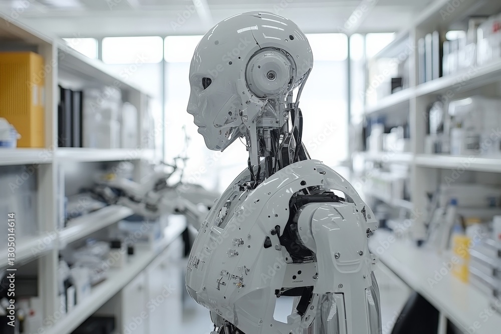 Poster advanced humanoid robot stands in a modern laboratory filled with technology and research equipment