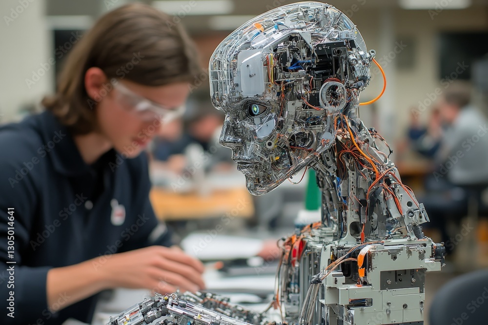 Aufkleber Young student working on a robotic prototype highlighting intricate details of its design during a class project
