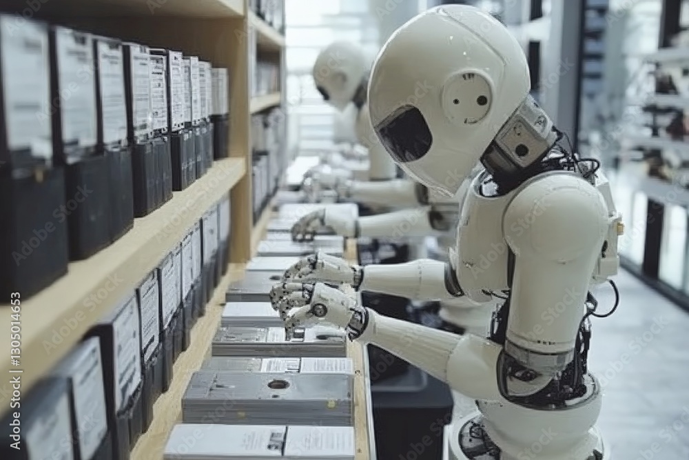 Aufkleber robots organizing data storage in a modern facility during daylight hours