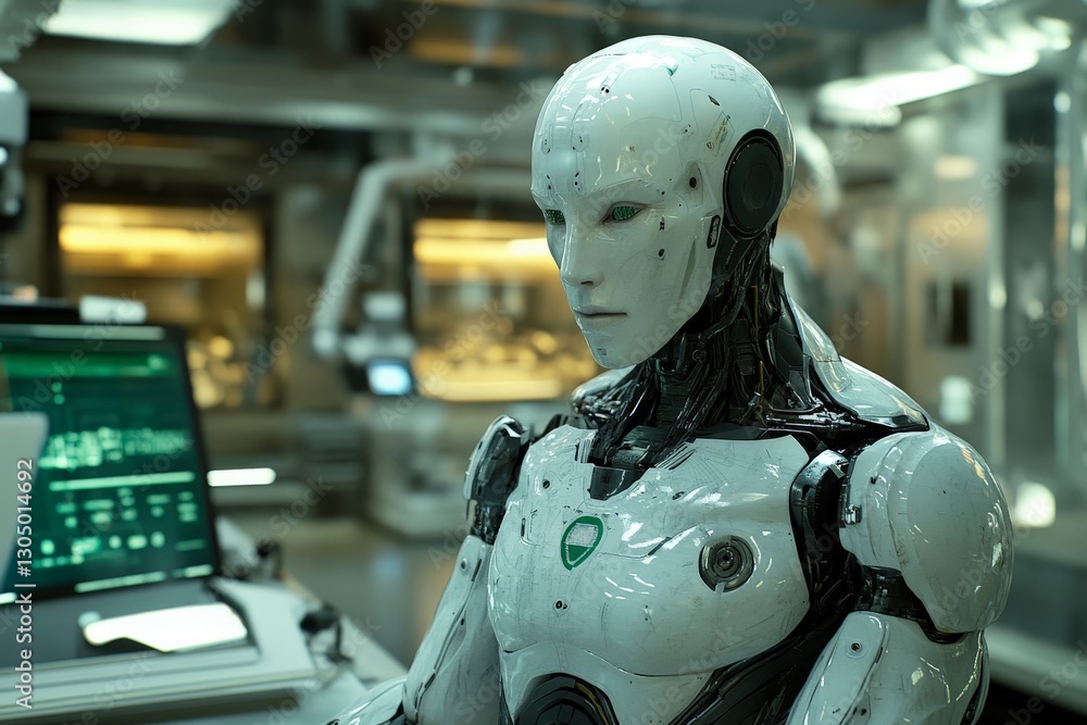 Leinwandbilder advanced robotic humanoid interacting with technology in a futuristic lab environment