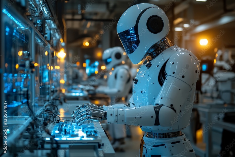 Poster robots working diligently in a modern technology lab during a late-night shift