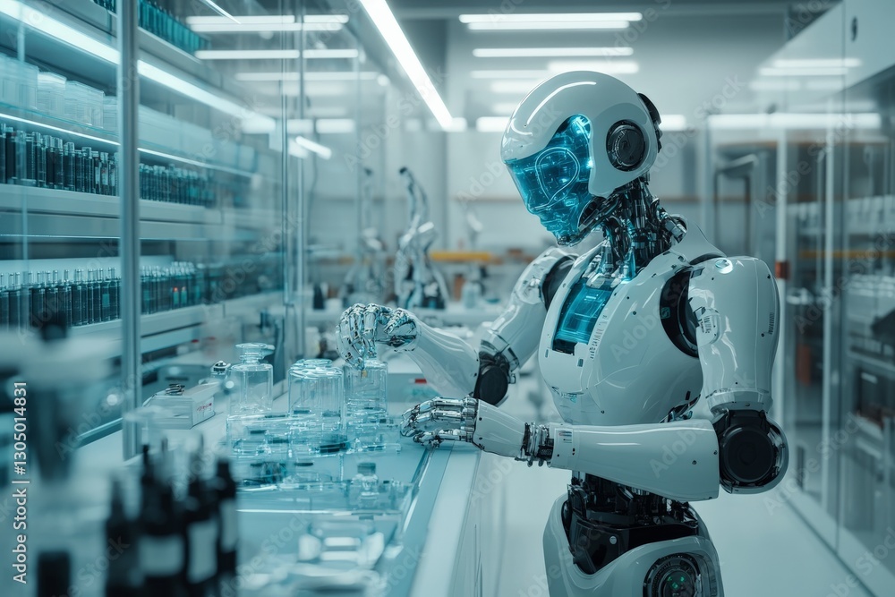 Fototapete advanced robot conducting scientific experiments in a modern laboratory filled with glassware and eq