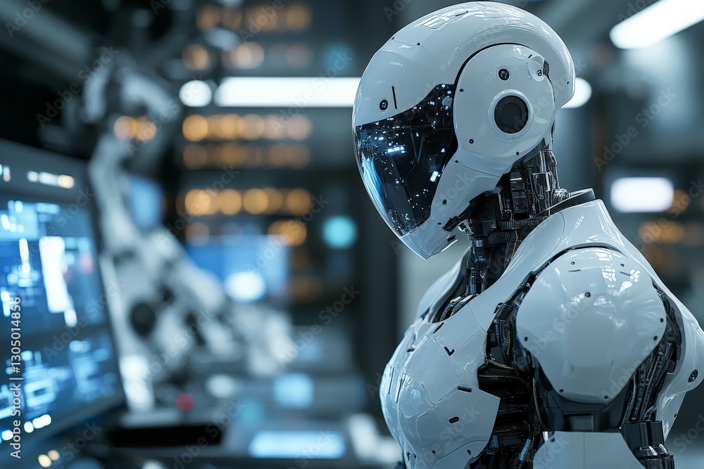 Aufkleber Futuristic humanoid robot interacting with advanced technology in a high-tech laboratory setting