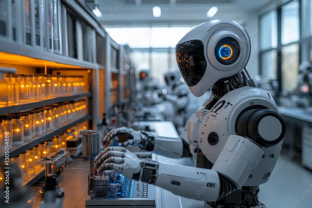 Aufkleber advanced robot operates laboratory equipment in a futuristic research facility with multiple worksta