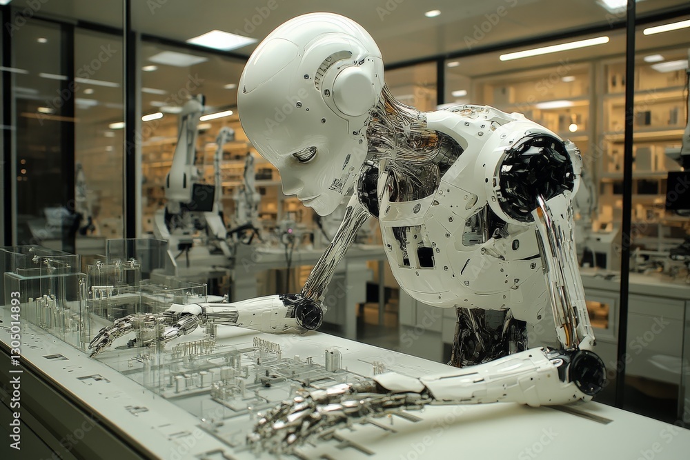 Poster Advanced humanoid robot examines detailed architectural model in modern research lab