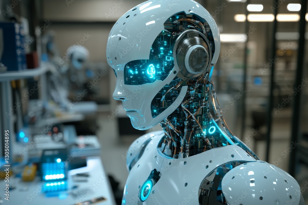 Poster Advanced humanoid robot with intricate circuitry in a modern laboratory setting during daytime
