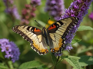 Vibrant Butterfly Wings in Scenic Garden: Macro Photography of Pollinators on Blooming Purple Flowers