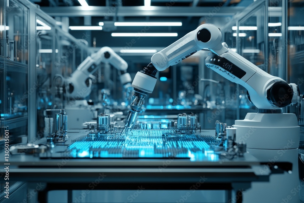 Fototapete Advanced robotic arms working in a high-tech laboratory assembling electronic components in a futuristic environment