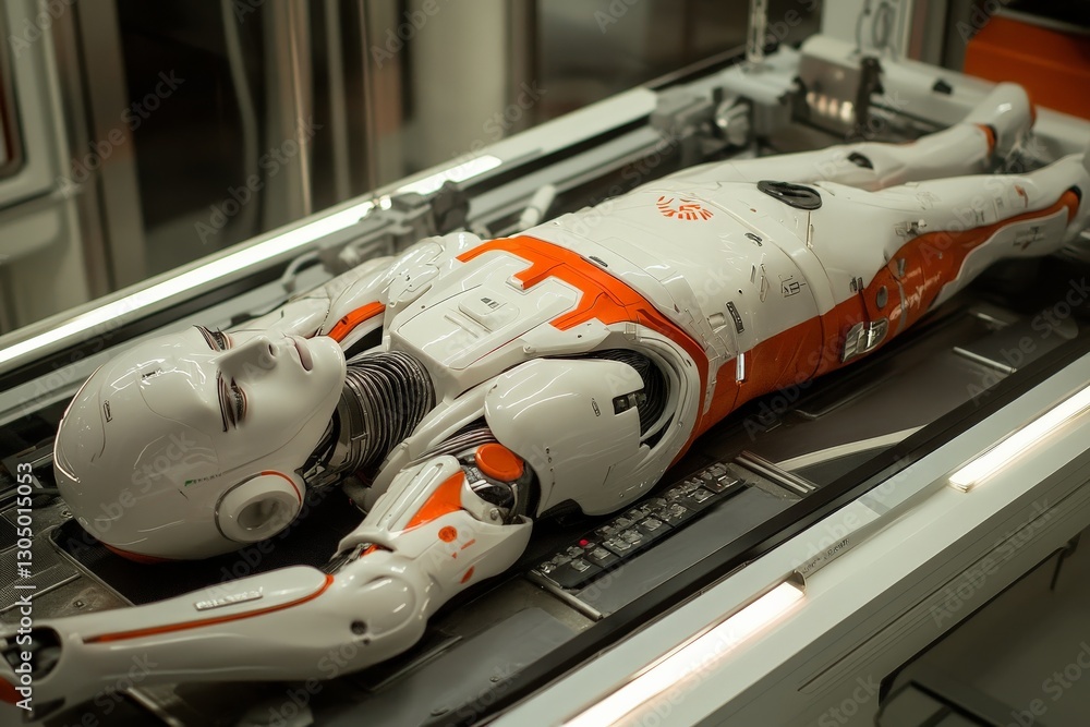 Aufkleber futuristic robotic humanoid rests on a sleek metallic table in a high-tech laboratory environment