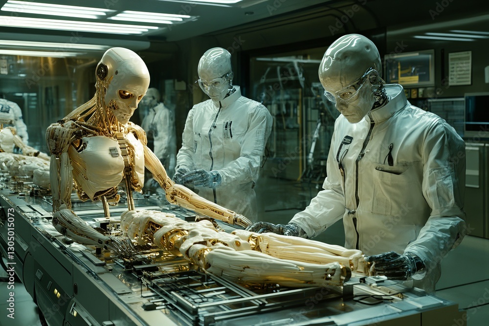 Poster future of robotics and biomedicine explored with humanoid androids in a high-tech laboratory