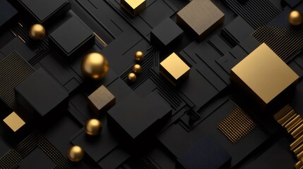 Abstract black and gold cubes and spheres creating modern background