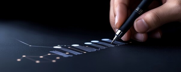 Financial Analysis with Pen on Graph Chart Displaying Data Insights and Market Trends on Dark Surface for Business