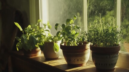 Fresh Herb Garden on Sunny Windowsill with Potted Basil and Thyme in Terracotta Planters