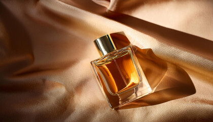 Naklejka premium Top View of Elegant Blank Perfume Bottle Mockup with Gold Liquid in a Warm Temperature. Perfume with Silk Fabric Background and Natural Daylight.