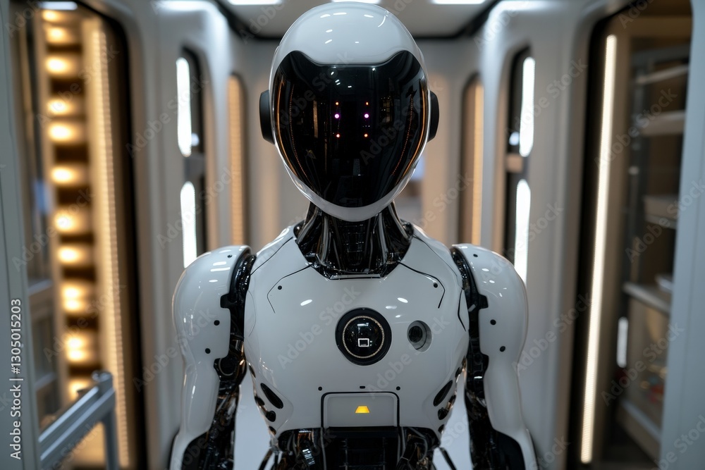 Poster modern humanoid robot stands in futuristic interior, showcasing advanced technology and design featu