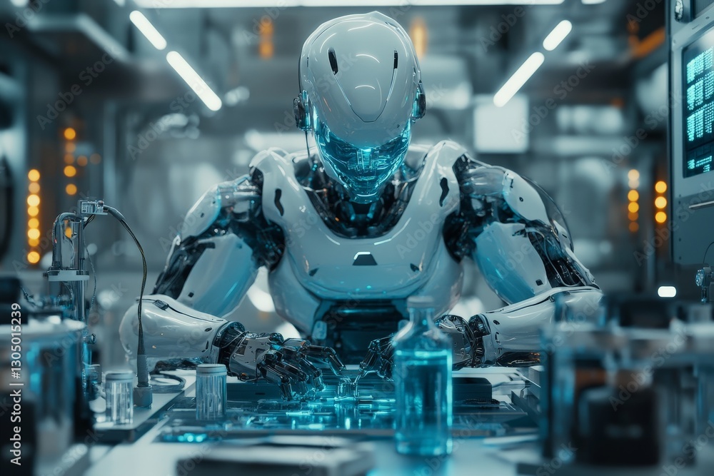 Poster robotic entity engaged in advanced research within a futuristic laboratory setting in the year 2040