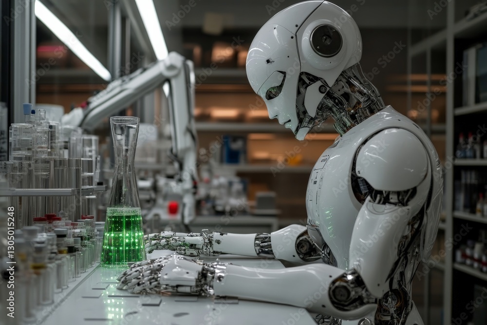Poster robot conducting experiments in a futuristic laboratory during the day