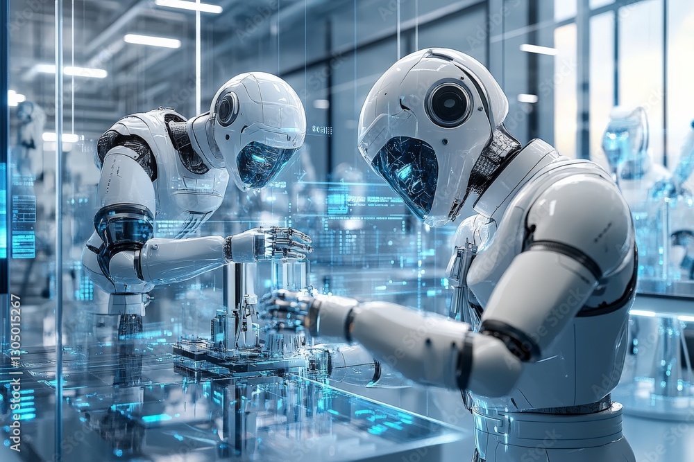 Fototapete Advanced robots assembling complex components in a futuristic manufacturing facility during daylight hours