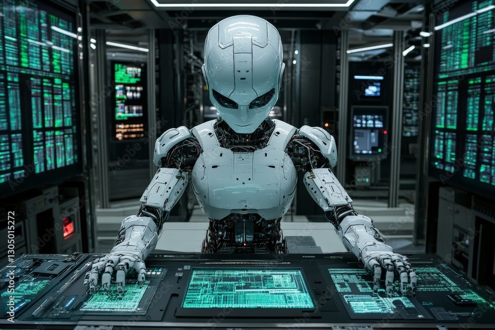 Poster robot analyzes complex data in a futuristic control room during a high-tech research operation