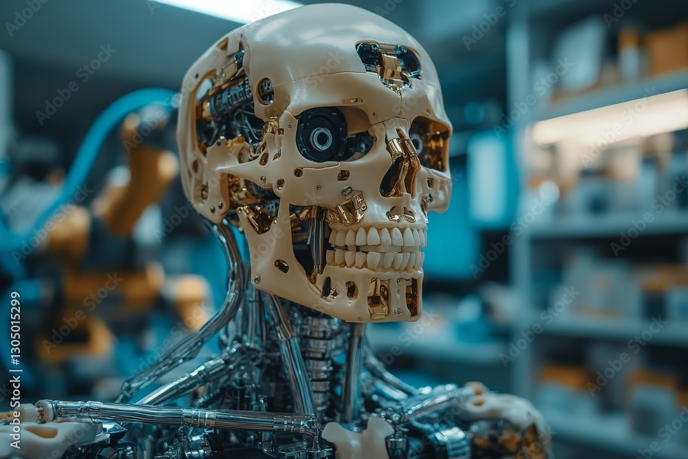 Aufkleber robotic skull with intricate details showcases advanced technology in a modern laboratory environmen