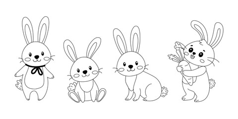 Cute cartoon rabbits gathering carrots in a playful spring setting with a cheerful atmosphere
