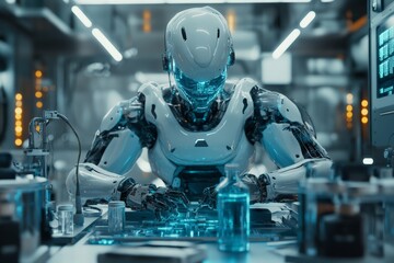 Fototapeta premium Robotic entity engaged in advanced research within a futuristic laboratory setting in the year 2040