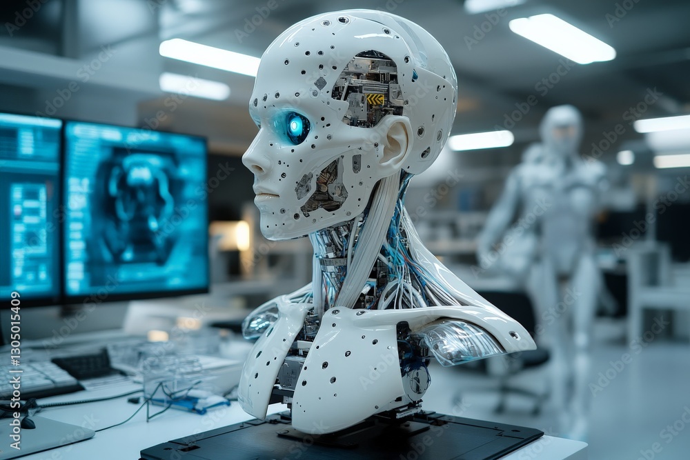 Fototapete Advanced robot technology showcased in a futuristic laboratory with detailed circuitry and glowing features