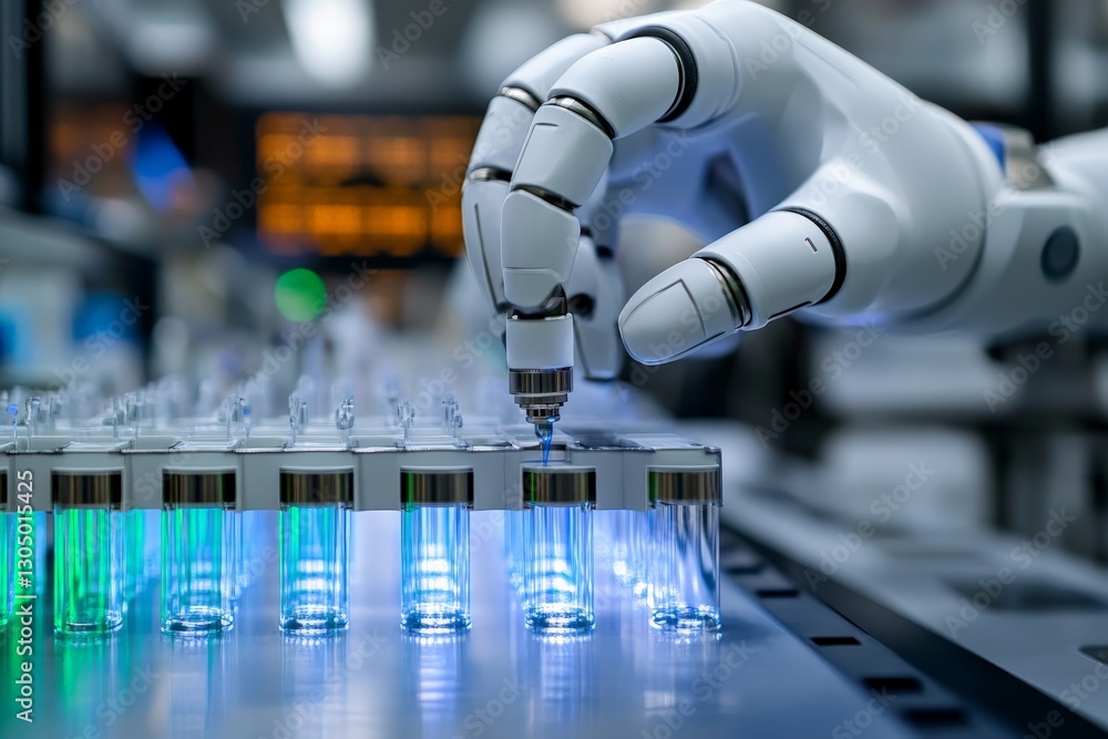 Poster robotic hand performing laboratory tasks with glass vials in a modern scientific environment