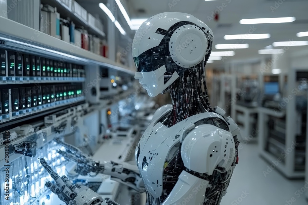 Poster Futuristic robot interacts with high-tech interface in advanced laboratory setting during daylight