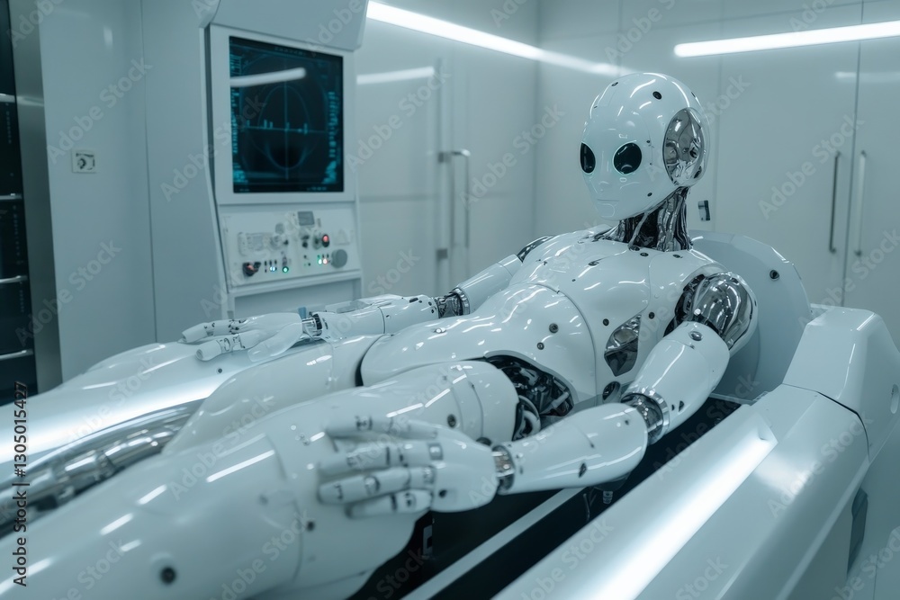 Poster futuristic robot resting on a medical examination bed in a high-tech lab setting
