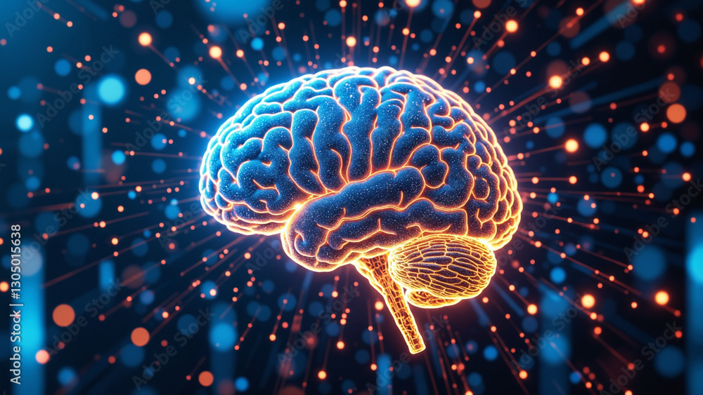 Poster dynamic digital illustration of a glowing brain with neural connections, depicting technological and