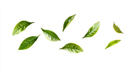 Naklejka premium Fresh tea leaves falling on white background