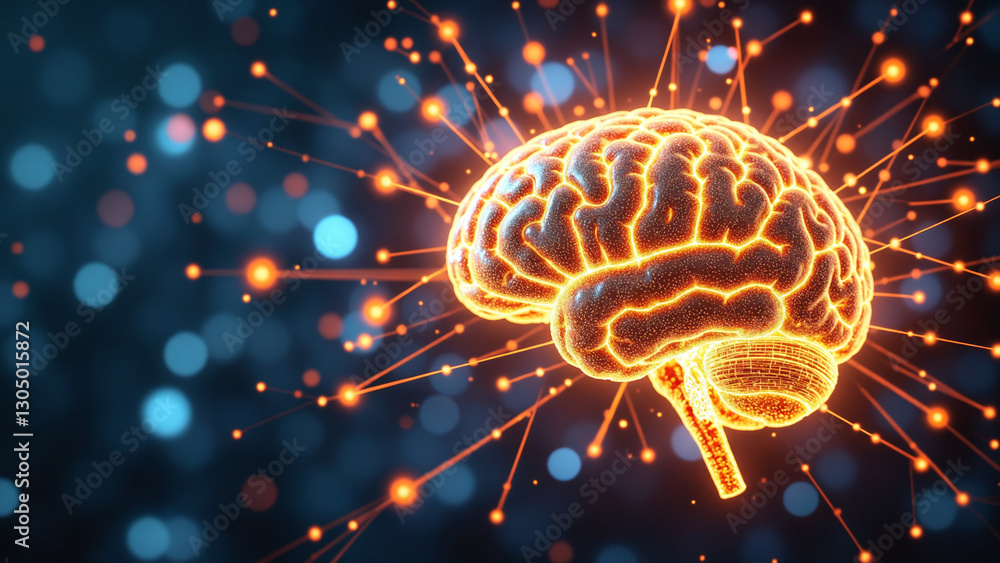 Poster Dynamic digital illustration of a glowing brain with neural connections, depicting technological and scientific themes, emphasizing neural networks, innovation, and data processing