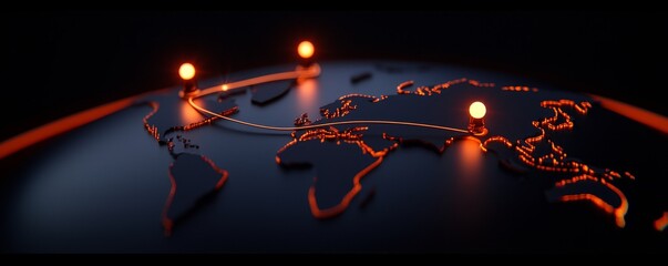 Global Connections Visualized A Network of Cities on a World Map with Glowing Dots and Interconnected Lines