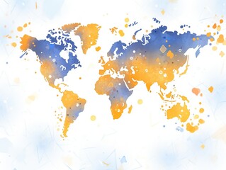 Obraz premium Abstract watercolor business map in indigo and ochre, blurred continent outlines with placeholder infographics