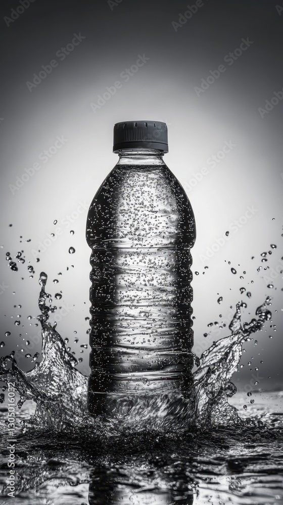 Poster refreshing water bottle splash in monochrome studio setting capturing motion and purity for healthy 