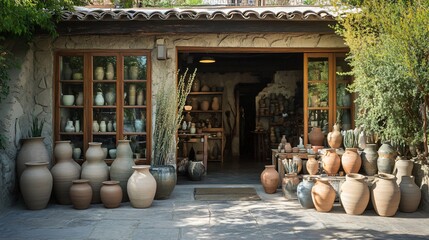 Rustic Pottery Shop Exterior with Traditional Clay Pots and Vases