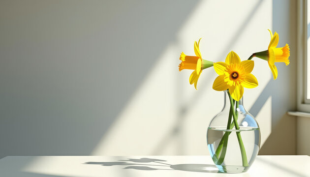 Yellow daffodils in glass vase on sunlit table near window
