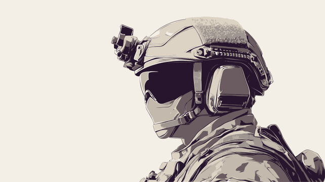 Close-up profile view illustration of a soldier wearing a tan helmet with attached headgear and a camouflage uniform. The illustration style is stylized and uses a limited color palette of